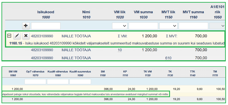 TSD lisa 1 osa 1a näite ekraanivaade e-MTAs