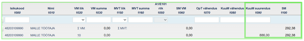 TSD lisa 1 osa 1a näite ekraanivaade e-MTAs