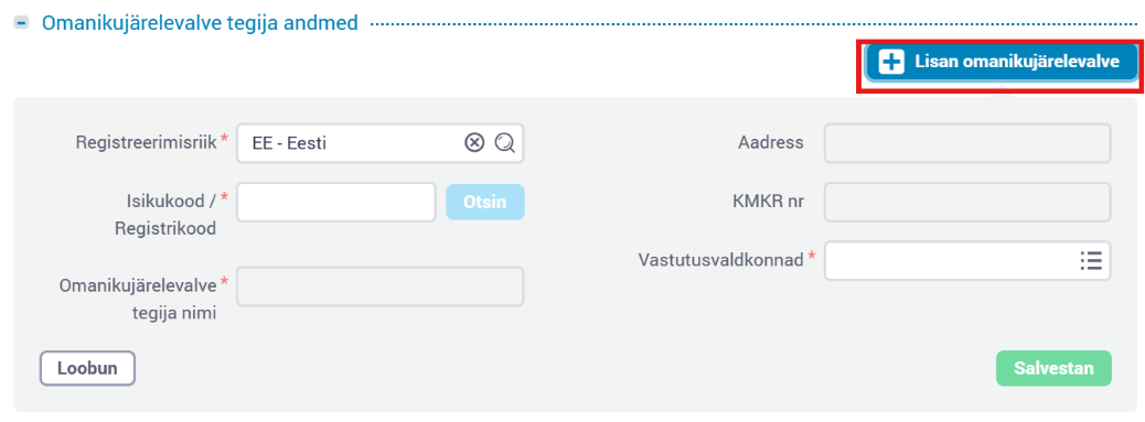 Vajutage nupule „Lisan omanikujärelevalve”, täitke väljad ja vajutage nupule „Salvestan”.