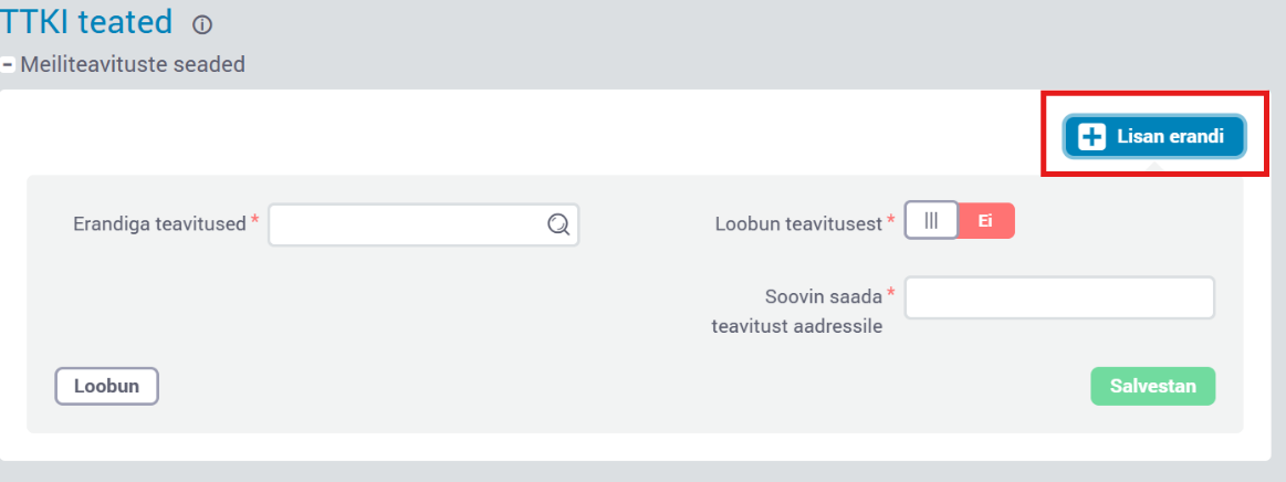Andmeplokis „Meiliteavituste seaded” tuleb vajutada nupule „Lisan erandi”.