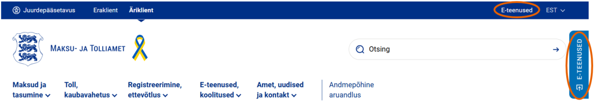 E-teenuste keskkonda sisenemiseks valige Maksu- ja Tolliameti veebisaidil www.emta.ee link või nupp „E-teenused“.
