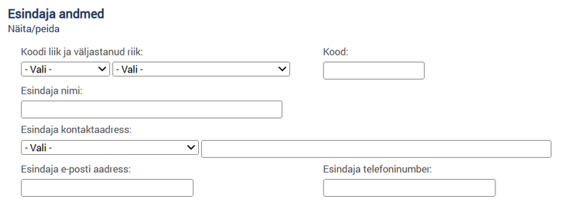 Avanenud vormil „Esindaja andmed“ täitke kõik andmeväljad: koodi liik, koodi väljastanud riik ja registreerimiskood; esindaja nimi, kontaktaadress, e-posti aadress ja telefoninumber.